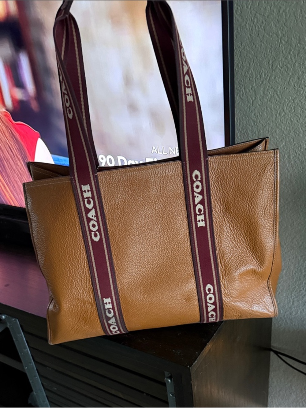 Coach Brown Pebbled Leather Tote with Maroon Logo Straps